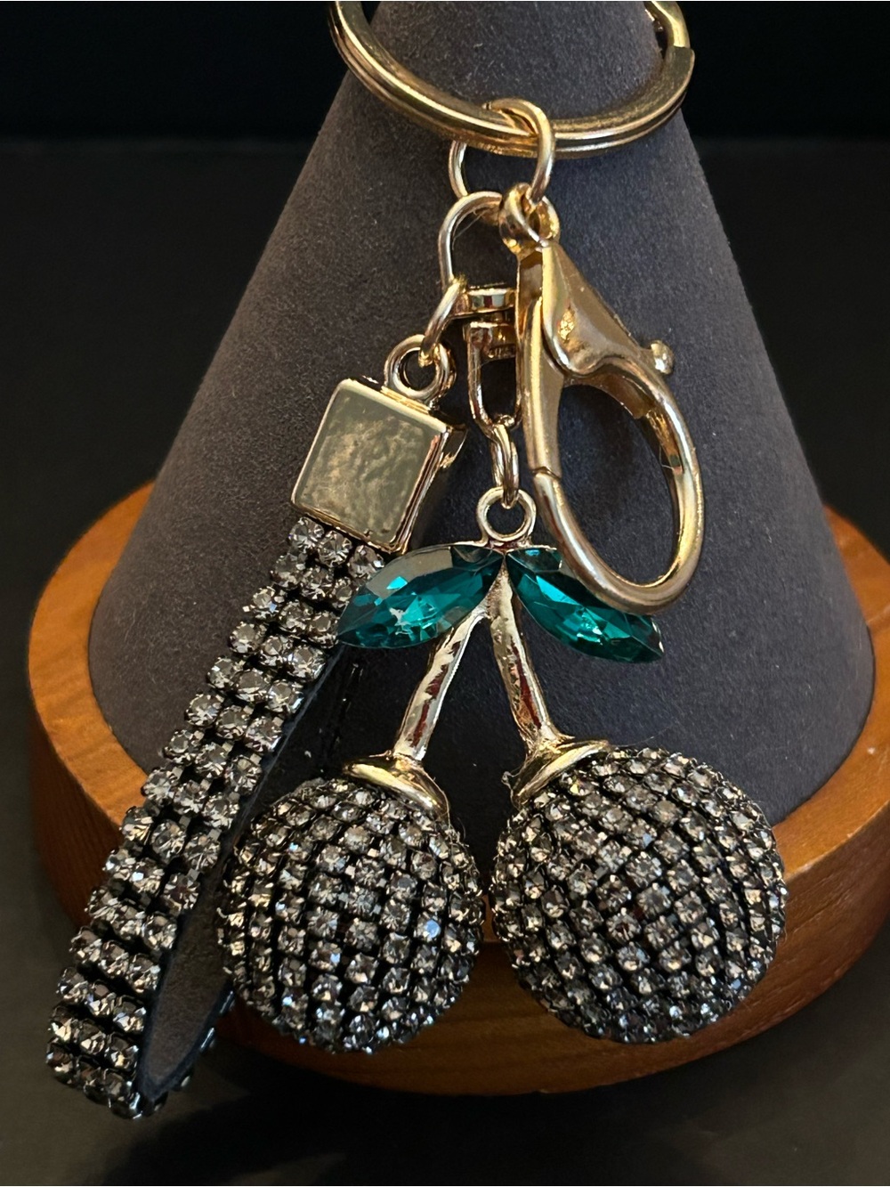 Black Crystal Cherry Key & Card Holder Bag Charm with Gold Hardware NWOT